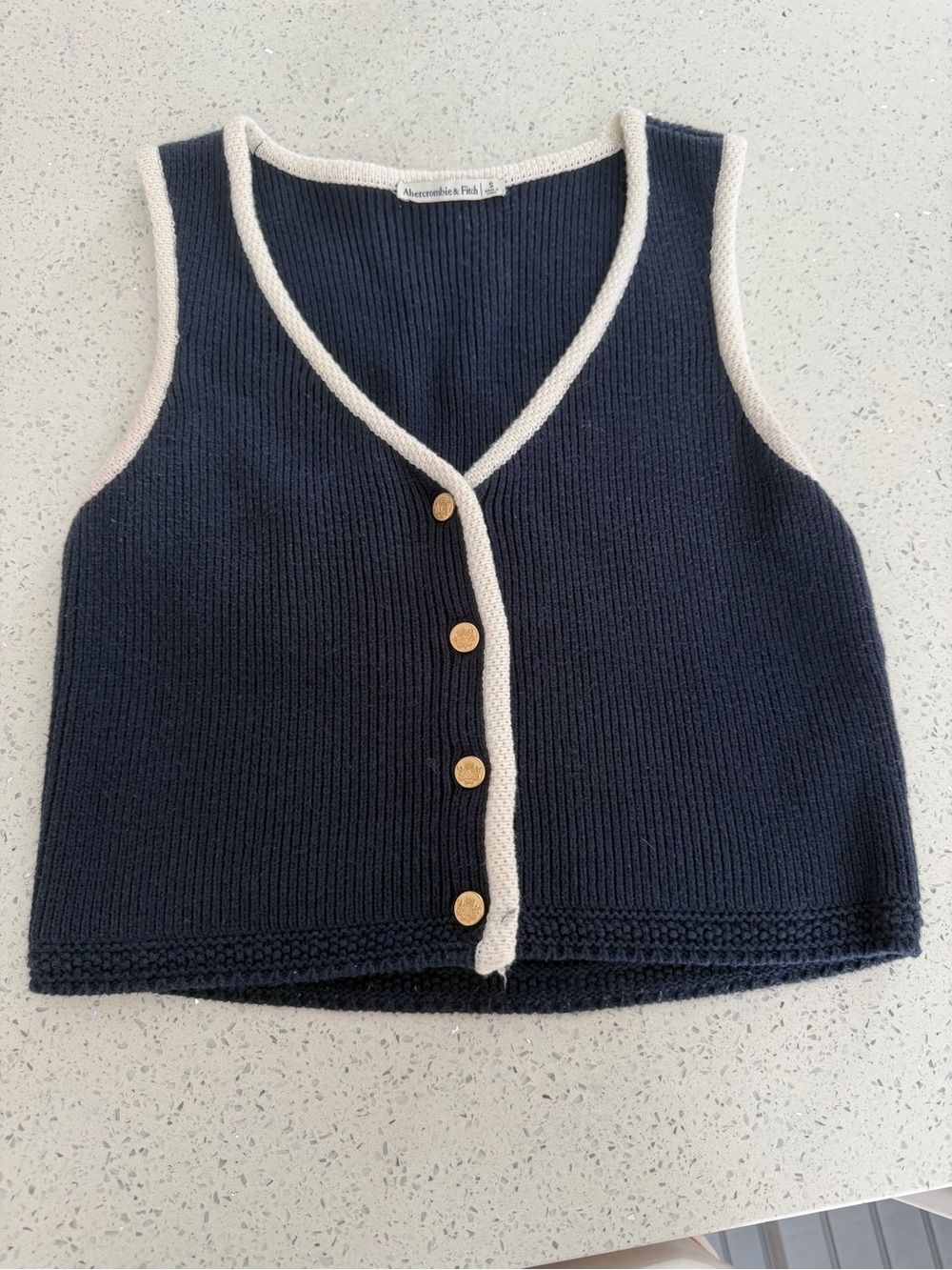 Abercrombie & Fitch Navy Knit V-Neck Button Vest with Cream Trim
